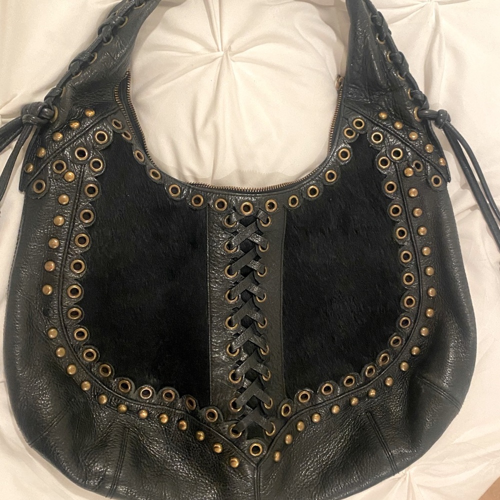 🔥 Isabella Fiore super rare Black Leather Ponyhair Studded Hobo Bag